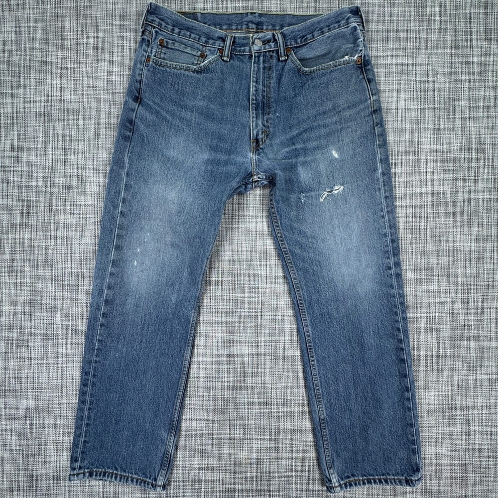 Levis 505 Mens Jeans W34 L29 Regular Fit Straight Leg Blue Distressed Denim